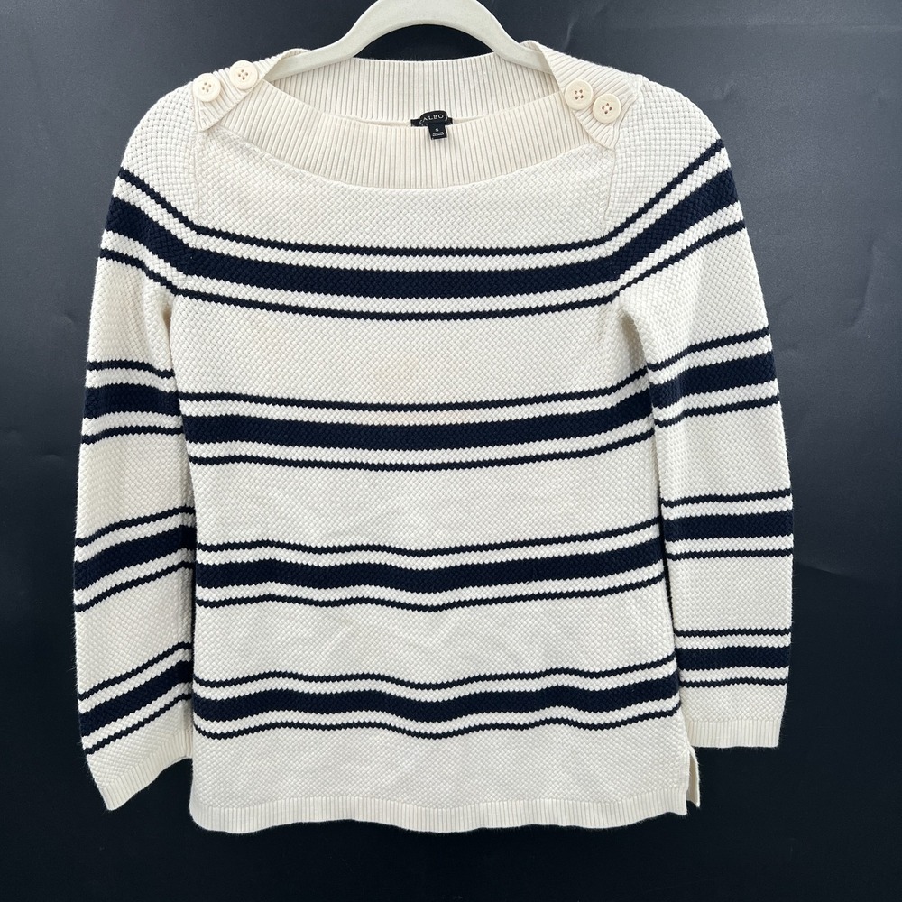 Talbots navy‎ white striped nautical coastal preppy sweater boatneck S